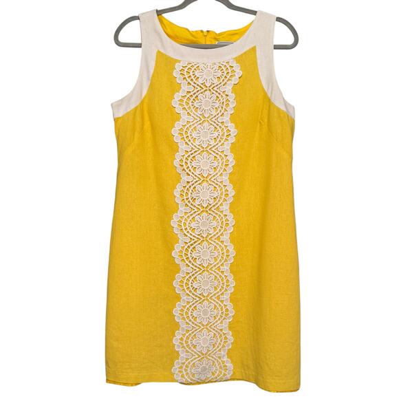 Jessica J Howard Sleeveless Linen Yellow White Shift Dress 12 Wide Lace Preppy - Picture 3 of 13